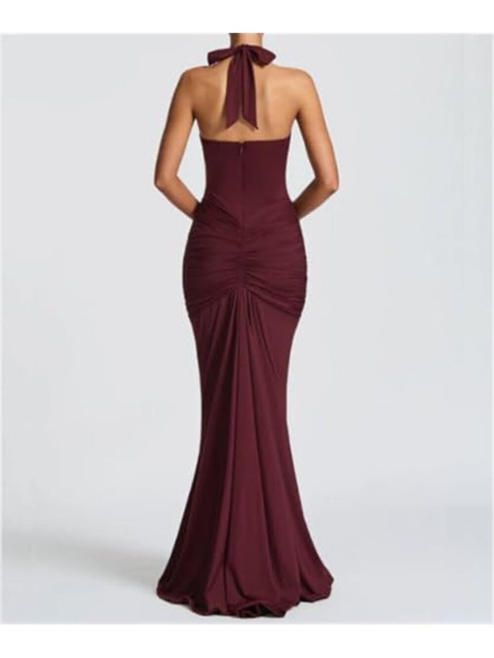 Burgundy Halter Maxi Gown Deep V Neck Ruched Bodycon Evening Formal Dress - Picture 4 of 6